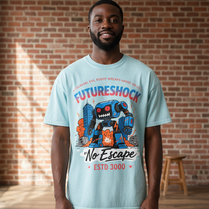 Future Robot Dystopia Graphic Snow Washed Oversized Cotton Unisex T-Shirt