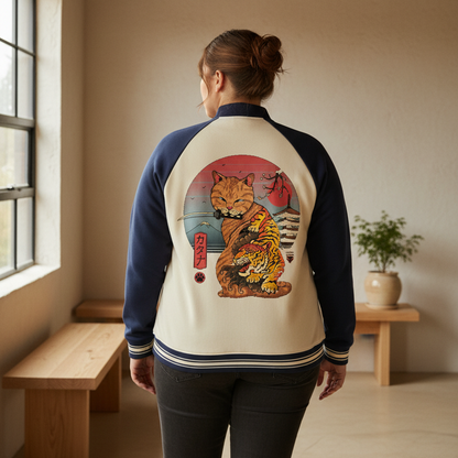 Asian and Tiger Themed Graphic Contrast Raglan Sleeve Baseball  Unisex Jacket