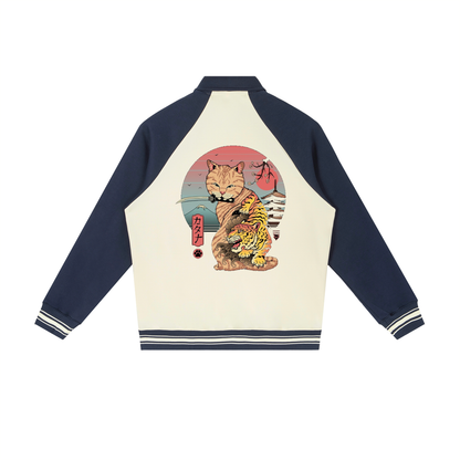 Asian and Tiger Themed Graphic Contrast Raglan Sleeve Baseball  Unisex Jacket