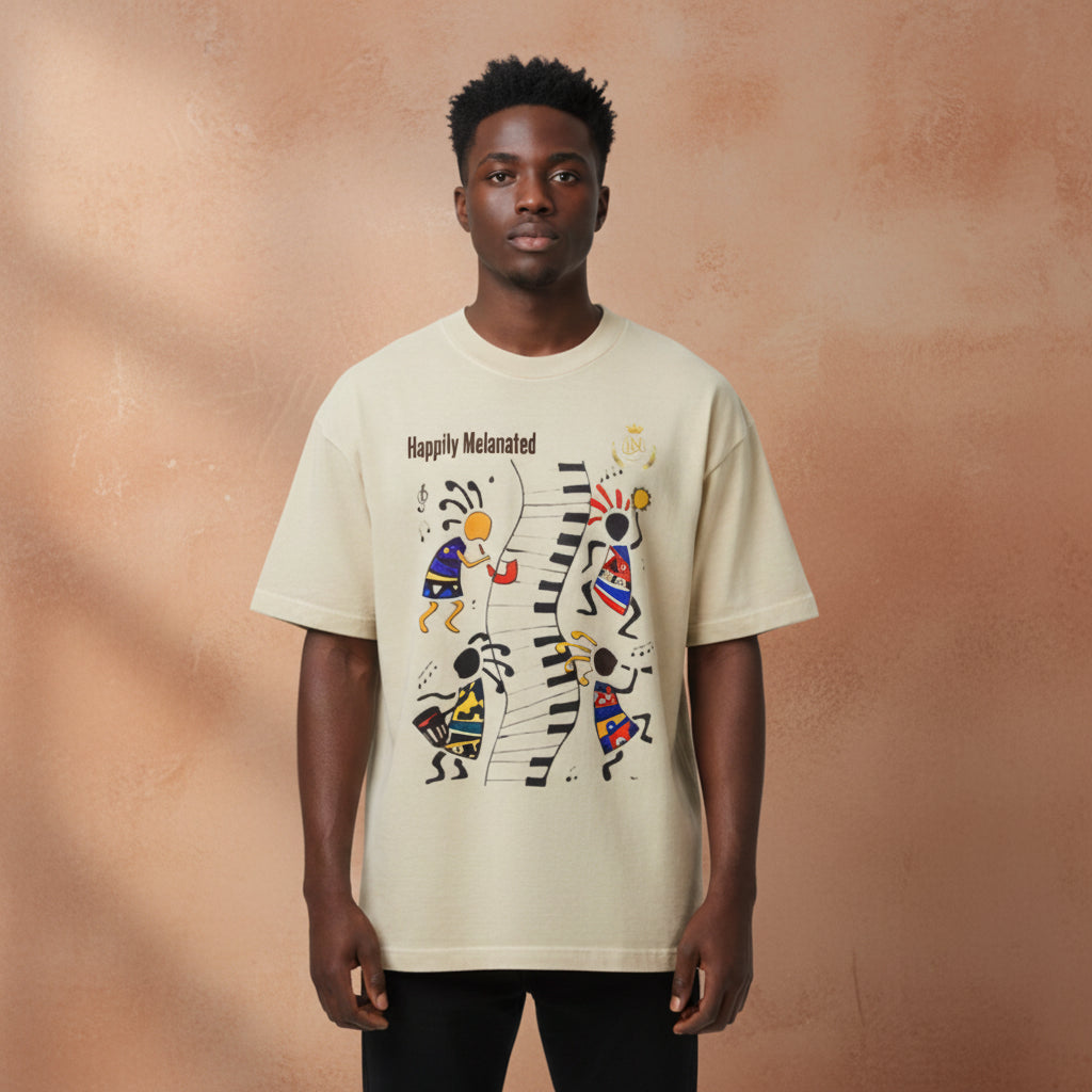 Unisex Afro Music Cartoon Graphic T-shirt, Vintage Wash Drop Shoulder Tee ODMPOD