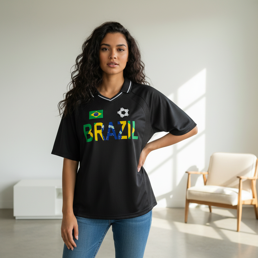 Brazil Flag Themed Graphic Striped V-Neck Soccer Unisex Jersey