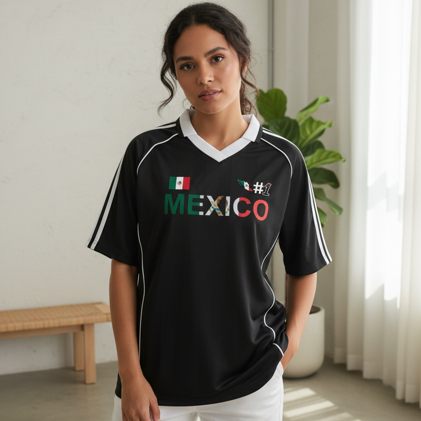 Mexico Flag Themed Graphic Stripe Collared Soccer Jersey