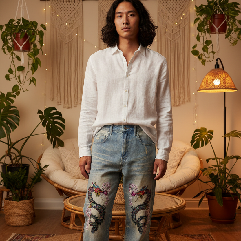 Colorful Unisex Dragon Art Graphic Sun Fade Raw Hem Denim Jeans