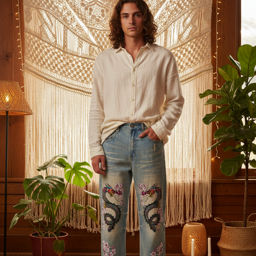 Colorful Unisex Dragon Art Graphic Sun Fade Raw Hem Denim Jeans