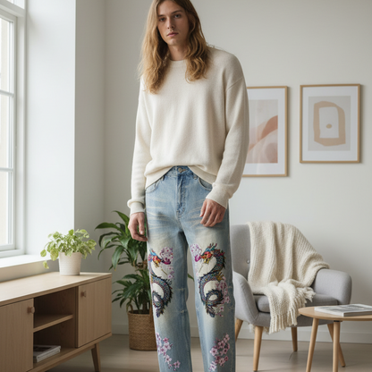 Colorful Unisex Dragon Art Graphic Sun Fade Raw Hem Denim Jeans