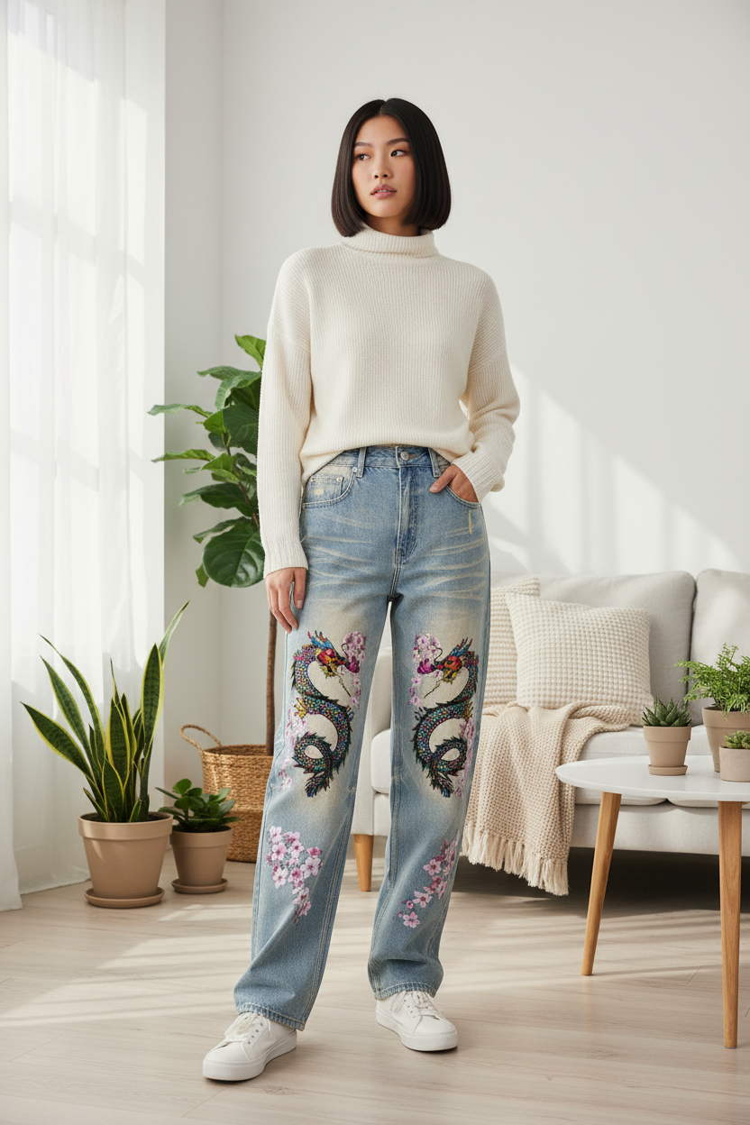Colorful Unisex Dragon Art Graphic Sun Fade Raw Hem Denim Jeans