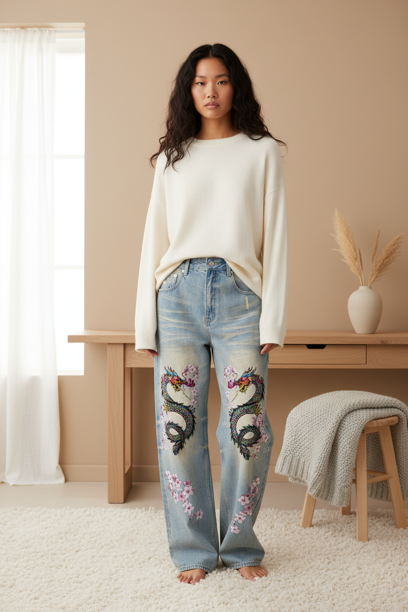 Colorful Unisex Dragon Art Graphic Sun Fade Raw Hem Denim Jeans