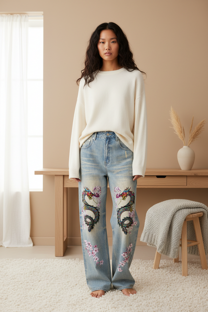 Colorful Unisex Dragon Art Graphic Sun Fade Raw Hem Denim Jeans