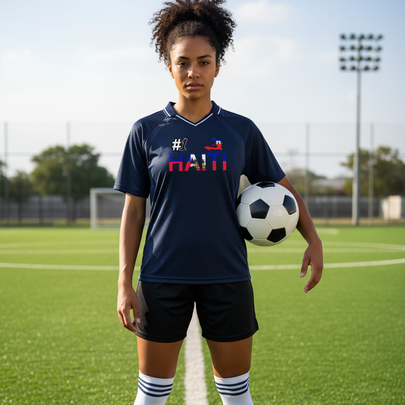 Haiti Flag Themed Striped V-Neck Unisex  Soccer Jersey