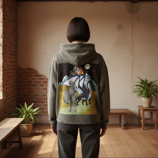Medieval Dragon Themed Graphic Vintage Washed Frayed-Hem Hoodie ODMPOD