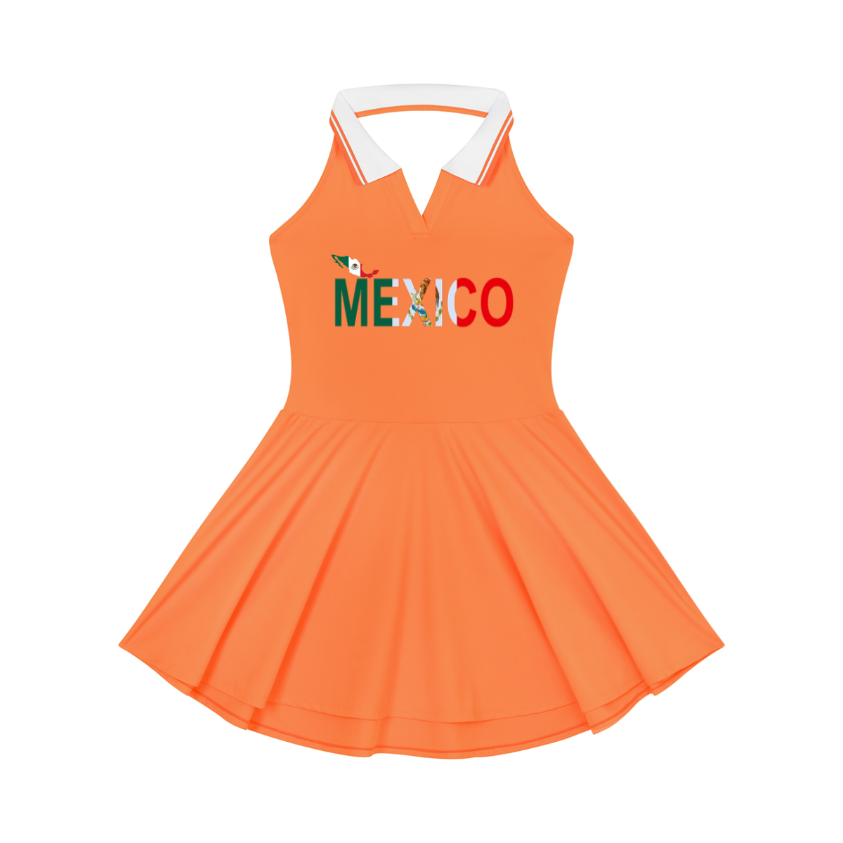 Women's Collared A-Line Halter Tennis Dress Featuring a Mexico-Inspired Flag Design
