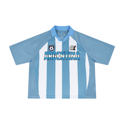 Argentina Flag Colored Graphic Unisex Striped Mesh Boxy Soccer Jersey