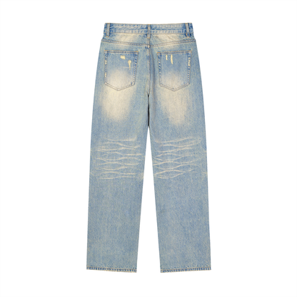 Color Splat Print Graphic Unisex Sun Fade Raw Hem Denim Jeans