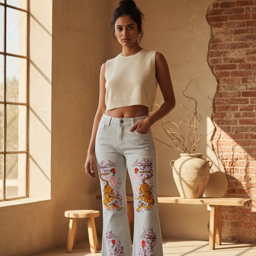 Floral and Tiger Art Graphic Women's Vintage Wash Flared Leg Jeans