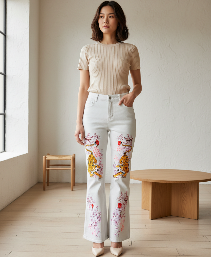 Floral and Tiger Art Graphic Women's Vintage Wash Flared Leg Jeans