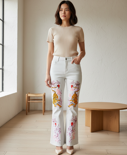 Floral and Tiger Art Graphic Women's Vintage Wash Flared Leg Jeans