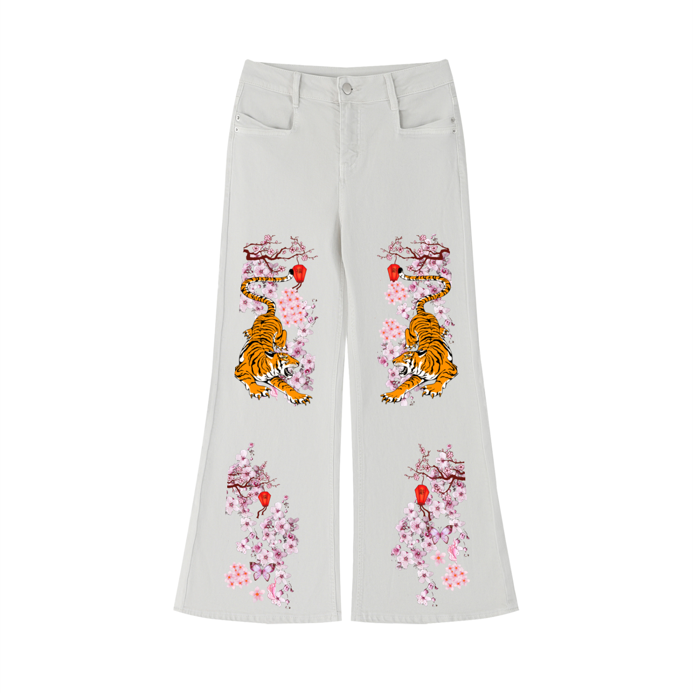 Floral and Tiger Art Graphic Women's Vintage Wash Flared Leg Jeans