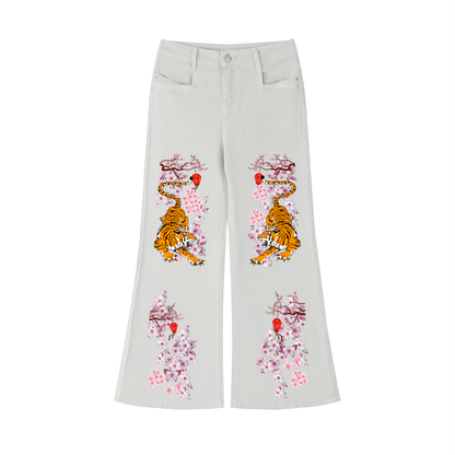 Floral and Tiger Art Graphic Women's Vintage Wash Flared Leg Jeans
