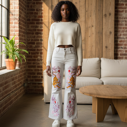 Floral and Tiger Art Graphic Women's Vintage Wash Flared Leg Jeans
