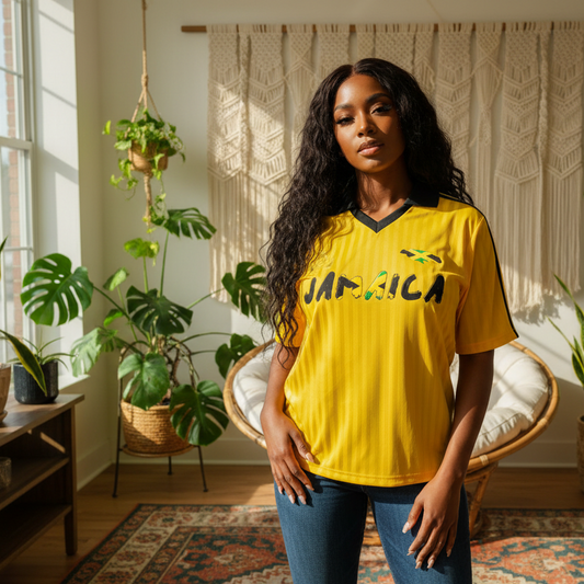 Jamaican Flag Themed Unisex Graphic Contrast Collar Striped Soccer Jersey