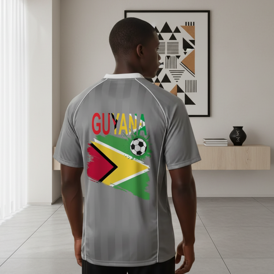 Guyana Flag Themed Unisex Graphic Shadow Stripe Collared Soccer Jersey