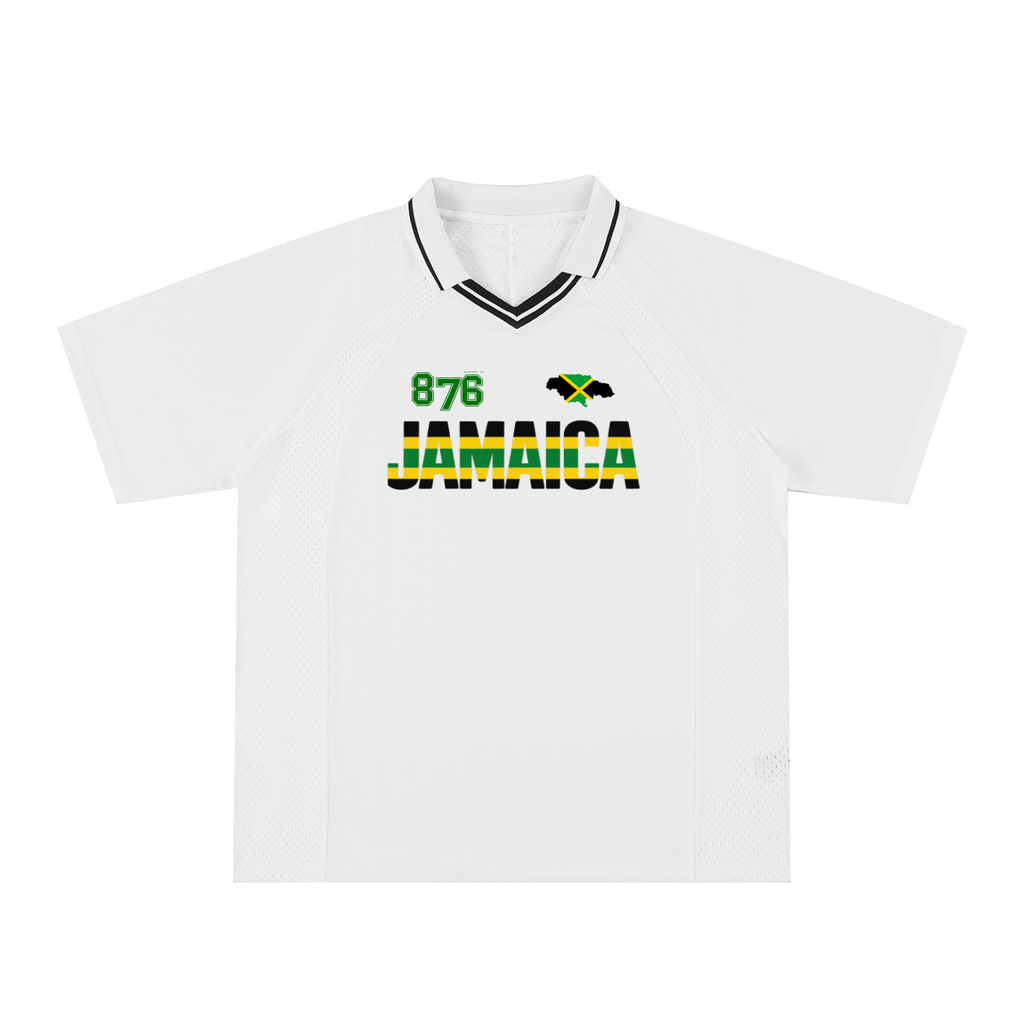 Jamaican Pride, Flag Themed Graphic V-Neck Collared  Unisex Soccer Jersey