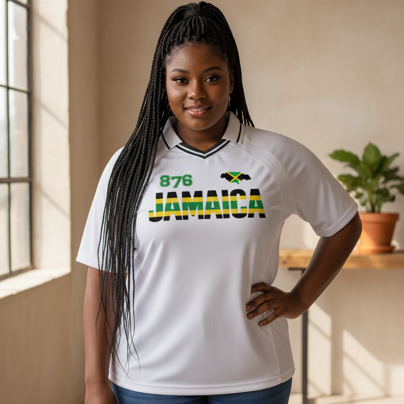 Jamaican Pride, Flag Themed Graphic V-Neck Collared  Unisex Soccer Jersey