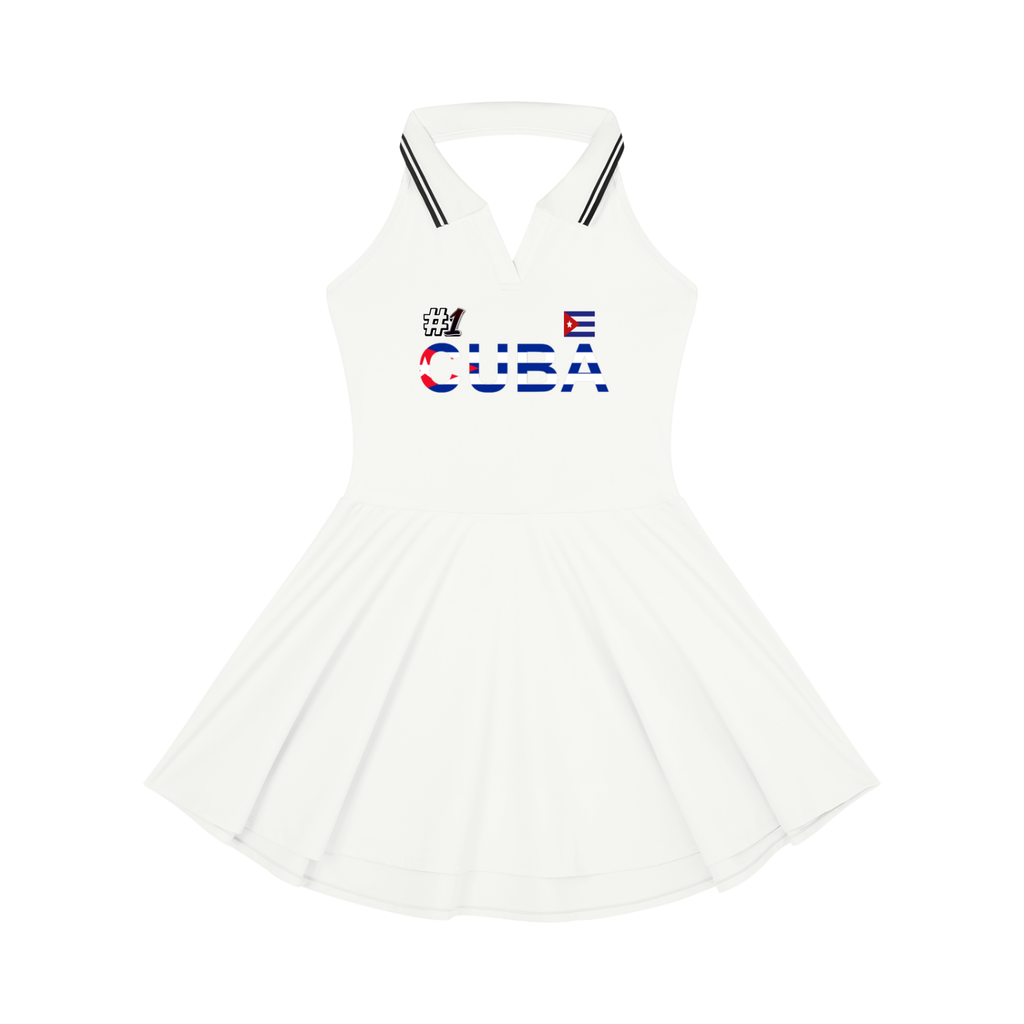 Women's A-Line Tennis Dress with Collared Halter Neckline Featuring a Cuban Flag Motif