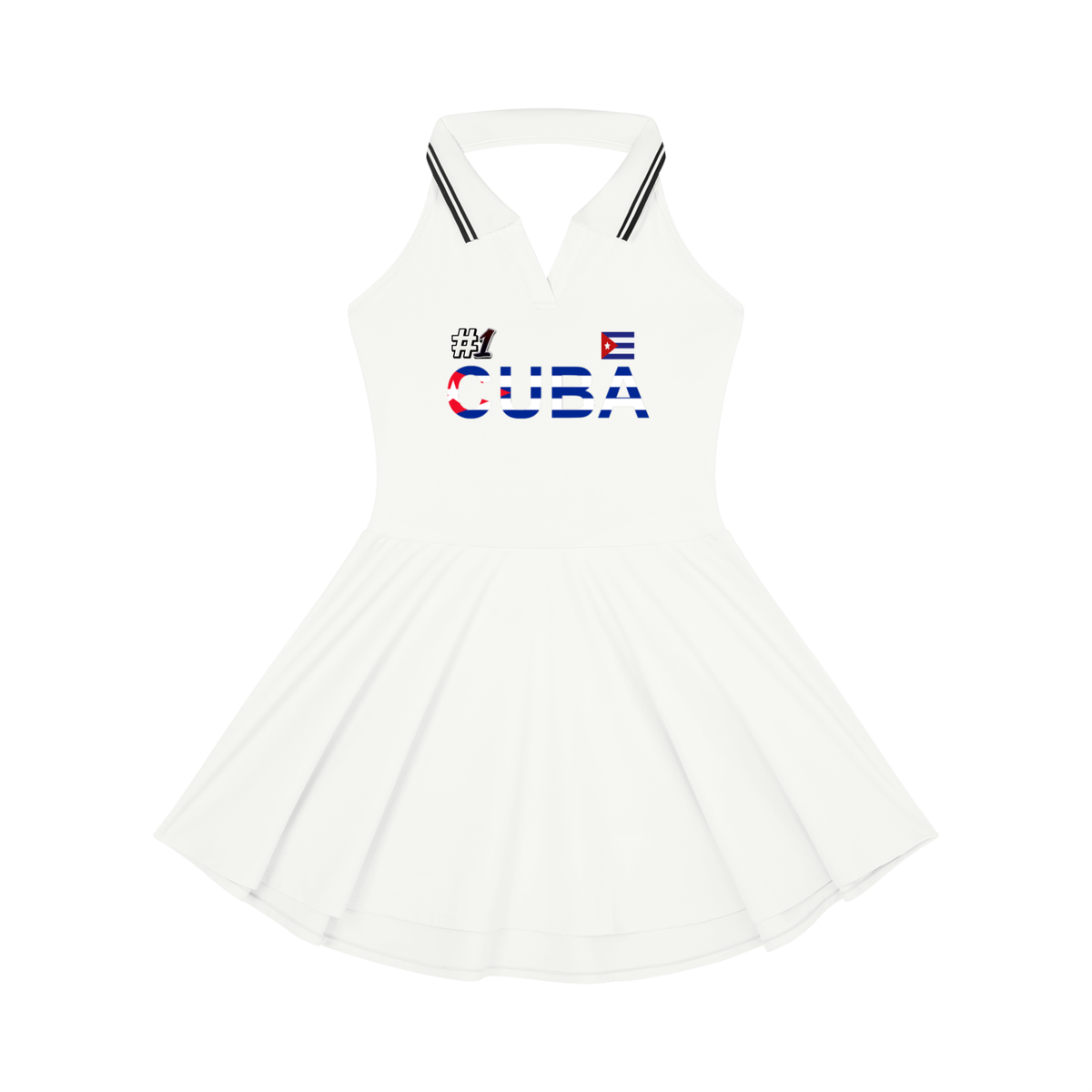 Women's A-Line Tennis Dress with Collared Halter Neckline Featuring a Cuban Flag Motif