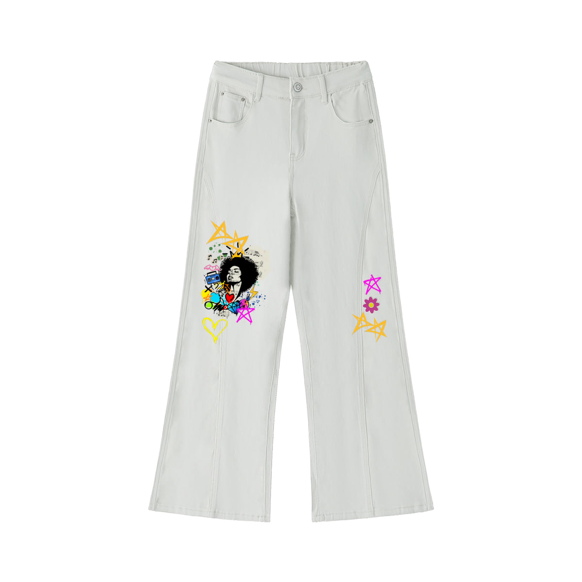 Women's Flared Leg Jeans Featuring Afro-Centric Music and Graffiti Art Graphics ODMPOD
