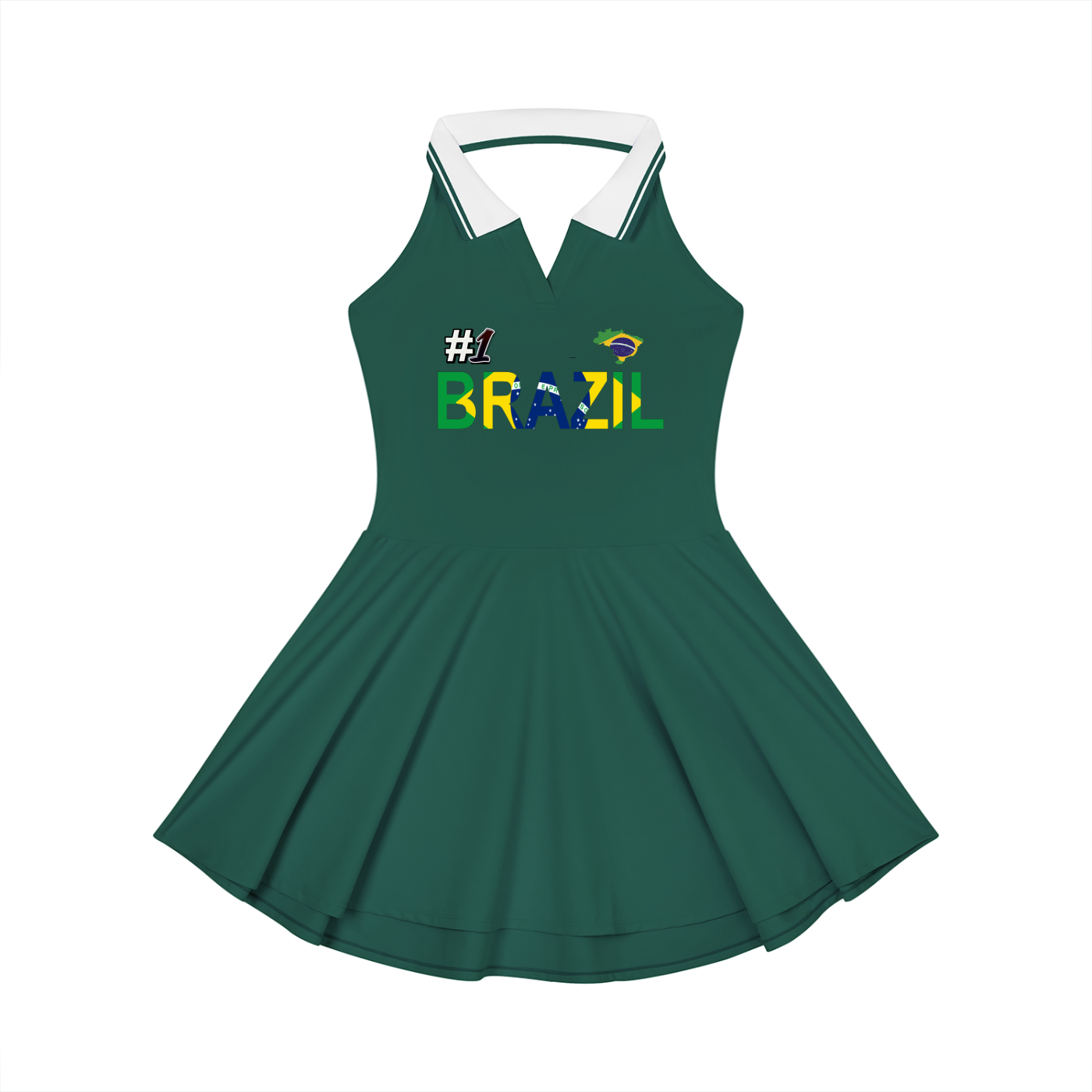Women's A-Line Tennis Dress featuring a collared, halter-style design with a Brazil-themed Graphic