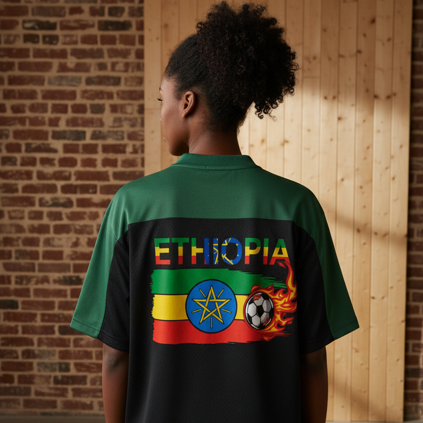 Ethiopia Flag Themed Graphic Mesh V-Neck Soccer Jersey