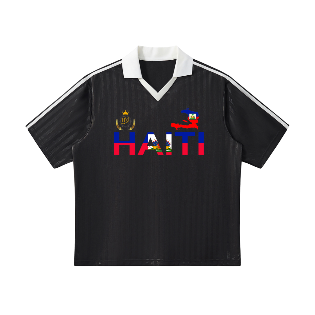 Haiti Flag Themed Contrast Collar Striped Soccer Jersey