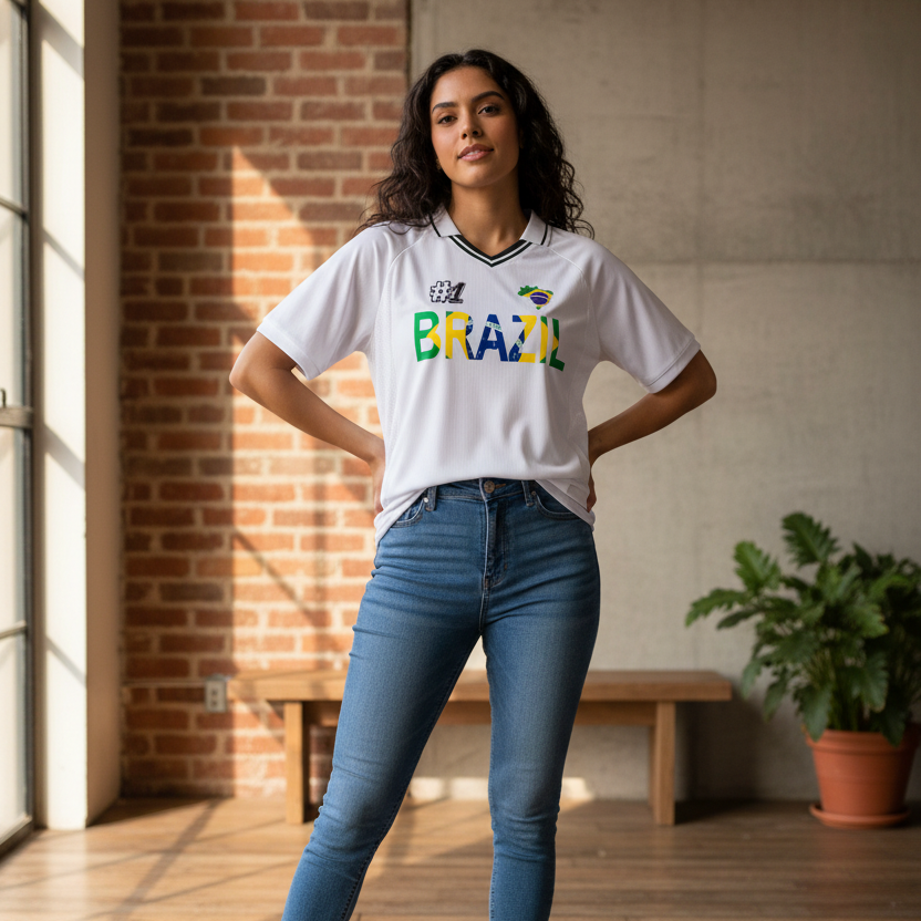 Brazil Flag Themed Striped V-Neck Soccer Jersey