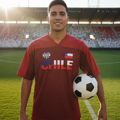 Chile Flag Themed Graphic Mesh V-Neck Soccer Jersey