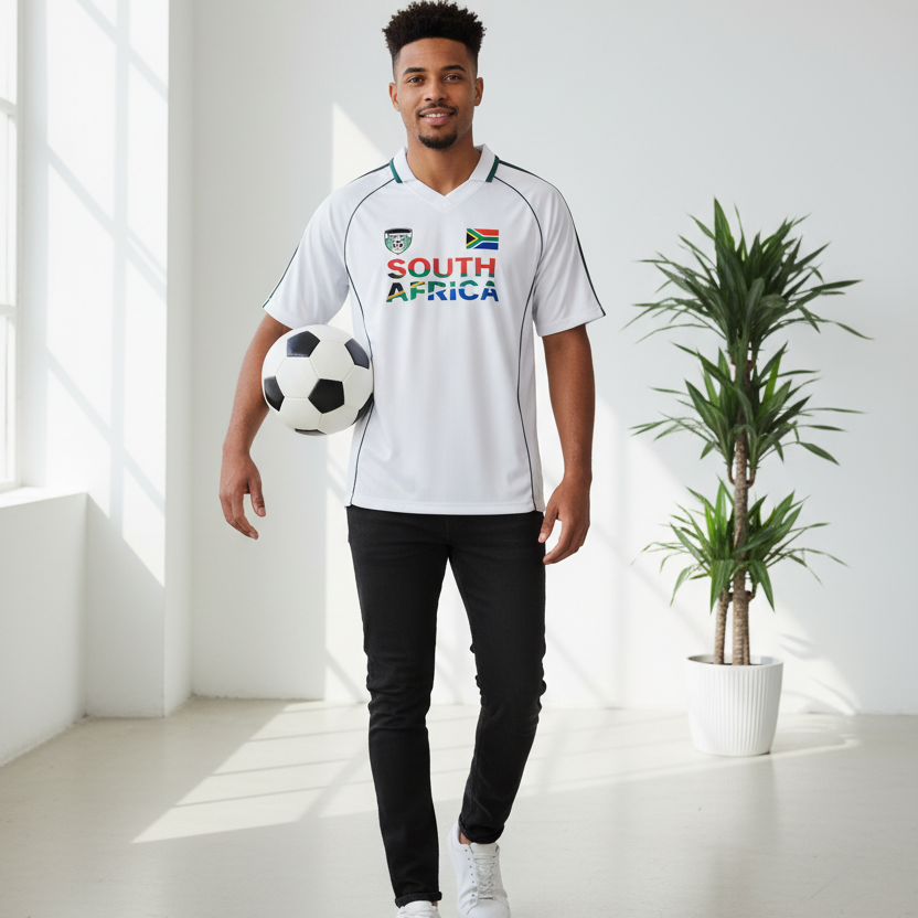 South African Flag Themed Graphic  Stripe Collared Soccer Jersey