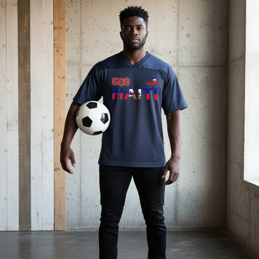 Oversized Unisex V-Neck Soccer Jersey Featuring a Haiti Flag-Inspired Mesh Design