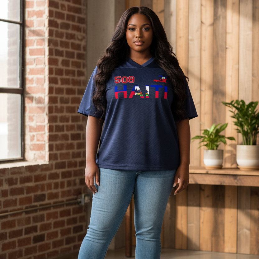 Oversized Unisex V-Neck Soccer Jersey Featuring a Haiti Flag-Inspired Mesh Design