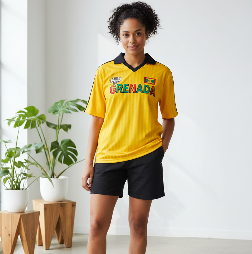 Grenada Flag Themed Graphic Collar Striped Soccer Jersey