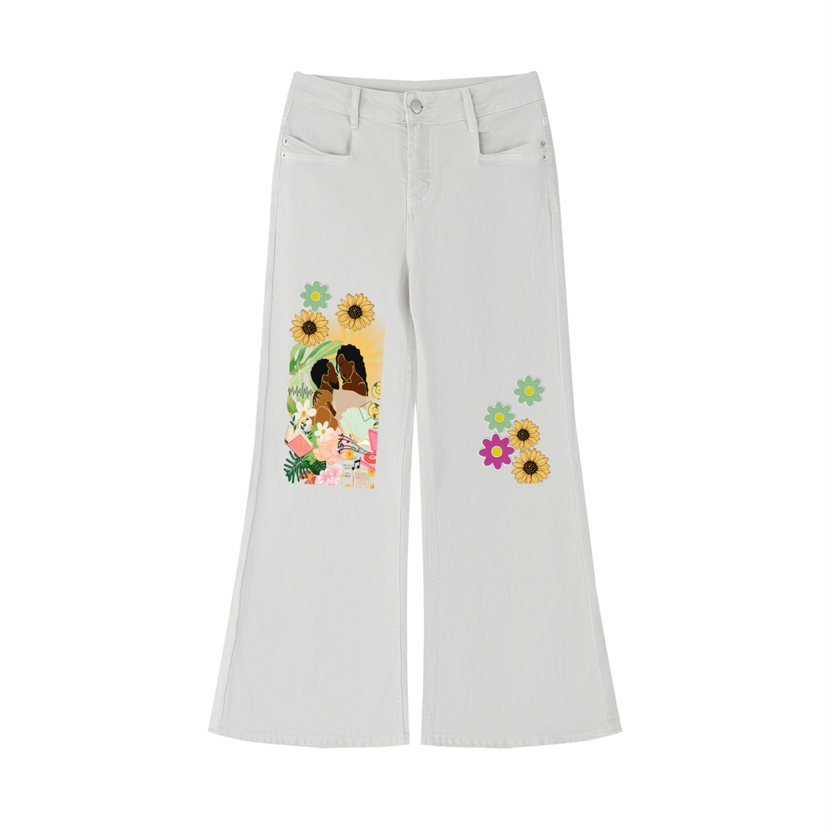 Women's Vintage-Wash Flared Jeans Featuring Colorful Afro-Centric Love-Themed Graphics ODMPOD
