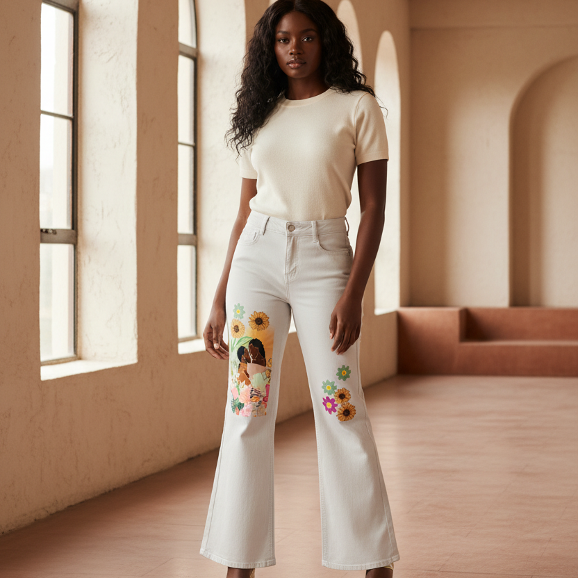Women's Vintage-Wash Flared Jeans Featuring Colorful Afro-Centric Love-Themed Graphics ODMPOD