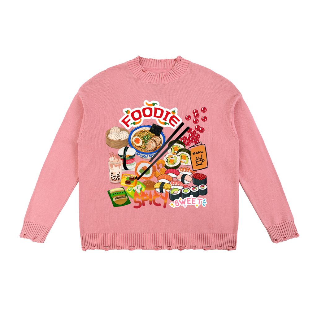 Foodie Themed Graphic Vintage Washed Hand-Frayed Sweater