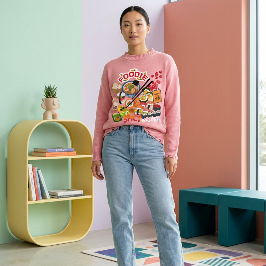 Foodie Themed Graphic Vintage Washed Hand-Frayed Sweater