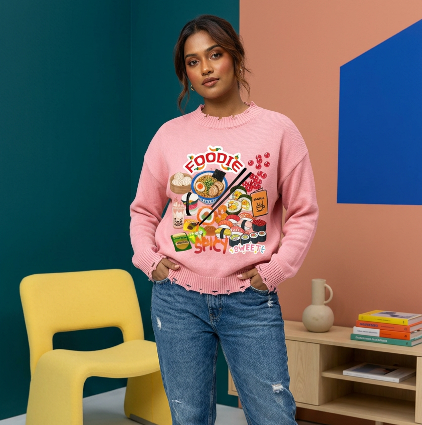 Foodie Themed Graphic Vintage Washed Hand-Frayed Sweater