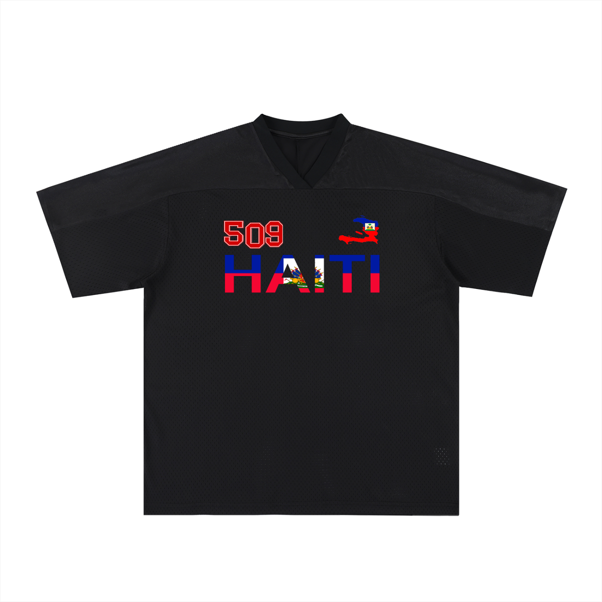 Oversized Unisex V-Neck Soccer Jersey Featuring a Haiti Flag-Inspired Mesh Design