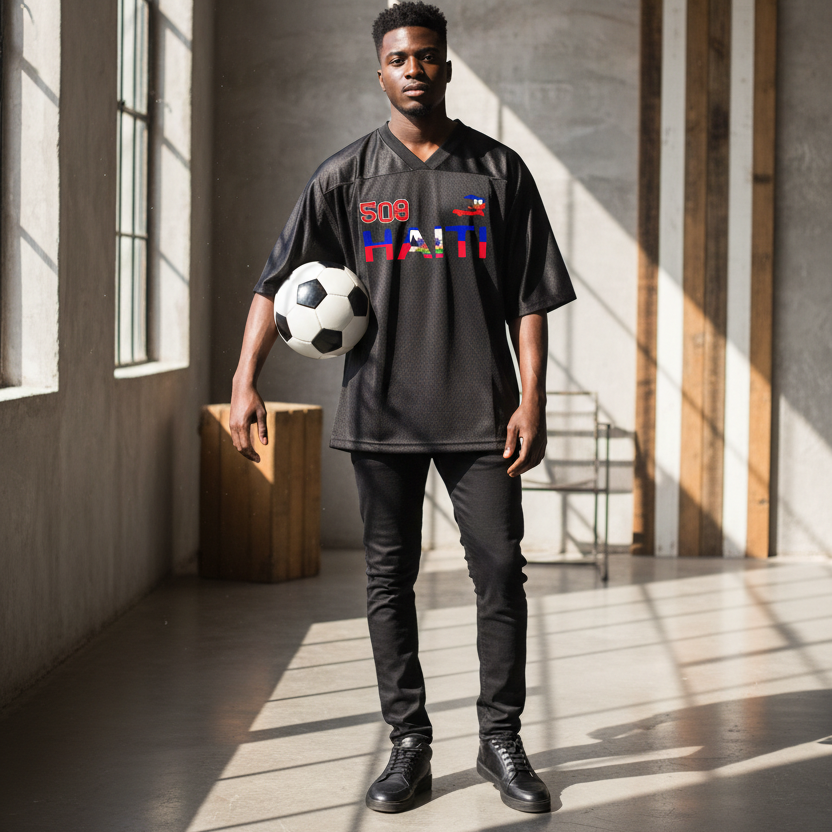 Oversized Unisex V-Neck Soccer Jersey Featuring a Haiti Flag-Inspired Mesh Design