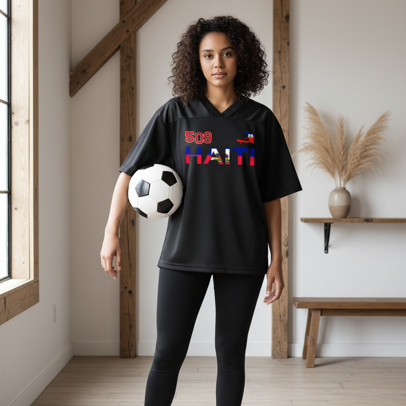 Oversized Unisex V-Neck Soccer Jersey Featuring a Haiti Flag-Inspired Mesh Design