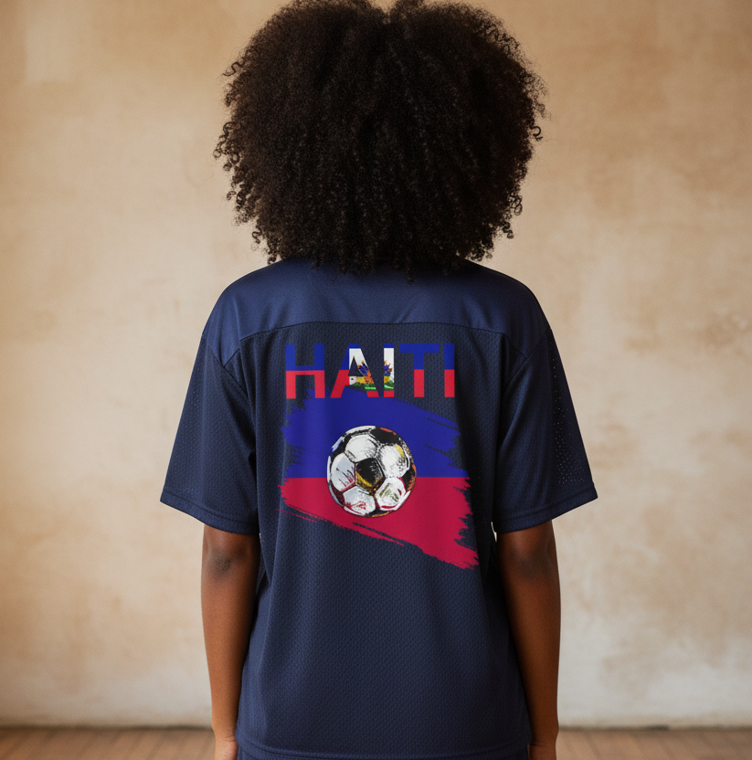 Oversized Unisex V-Neck Soccer Jersey Featuring a Haiti Flag-Inspired Mesh Design