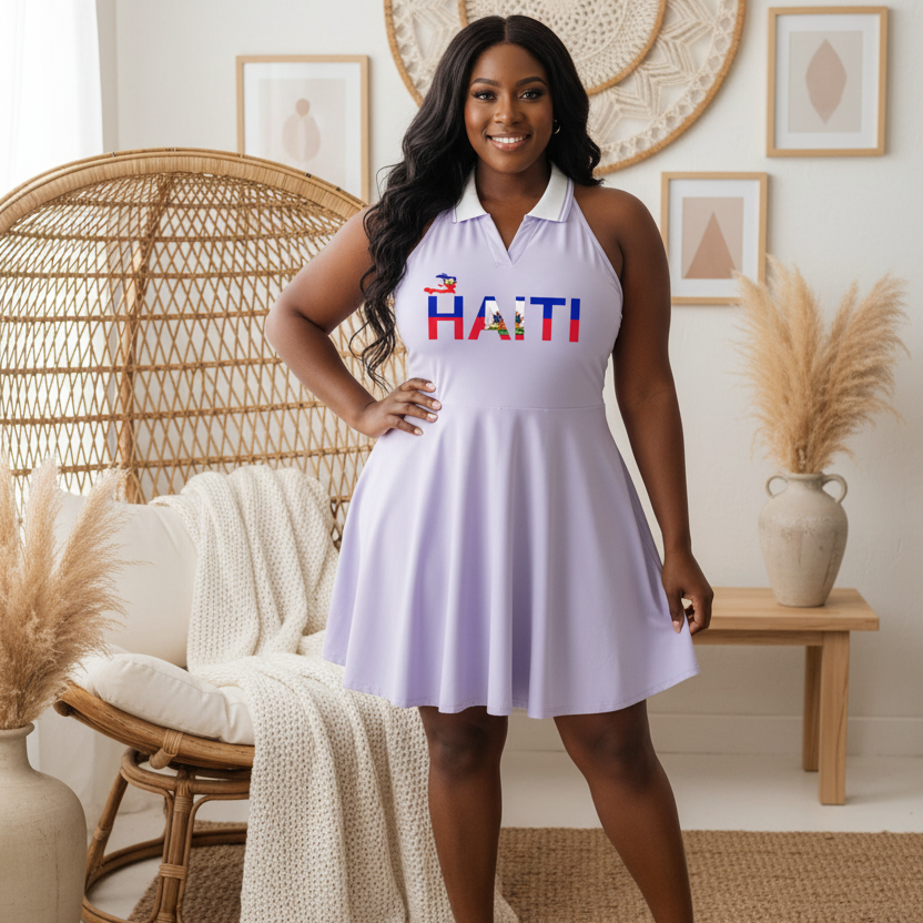 Haiti Flag Themed Women's Collared Halter A-Line Tennis Dress