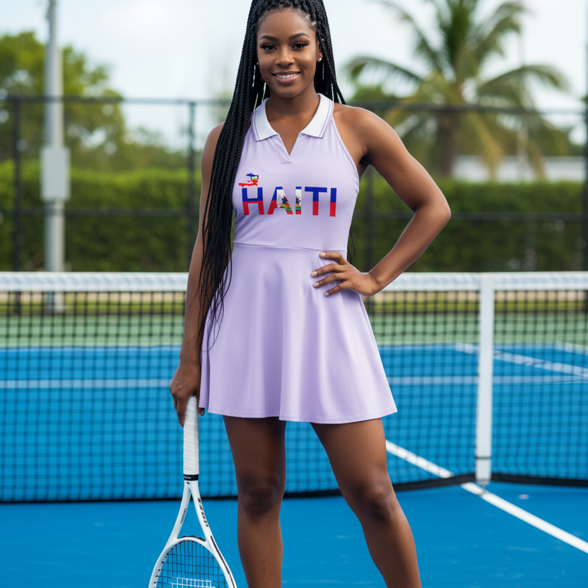Haiti Flag Themed Women's Collared Halter A-Line Tennis Dress